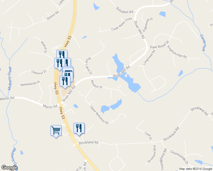 map of restaurants, bars, coffee shops, grocery stores, and more near 4627 Windsor Drive in Flowery Branch