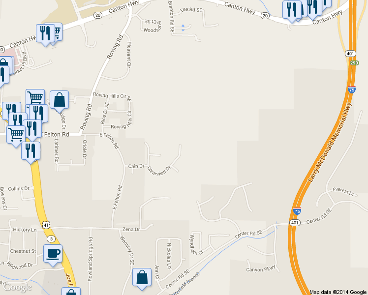 map of restaurants, bars, coffee shops, grocery stores, and more near 41 Clearview Dr in Cartersville