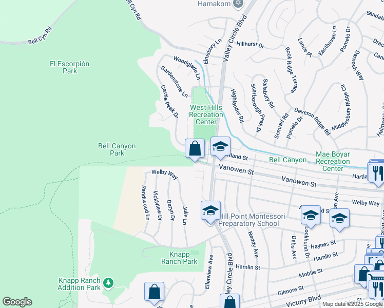 map of restaurants, bars, coffee shops, grocery stores, and more near 6851 Valley Circle Boulevard in Los Angeles