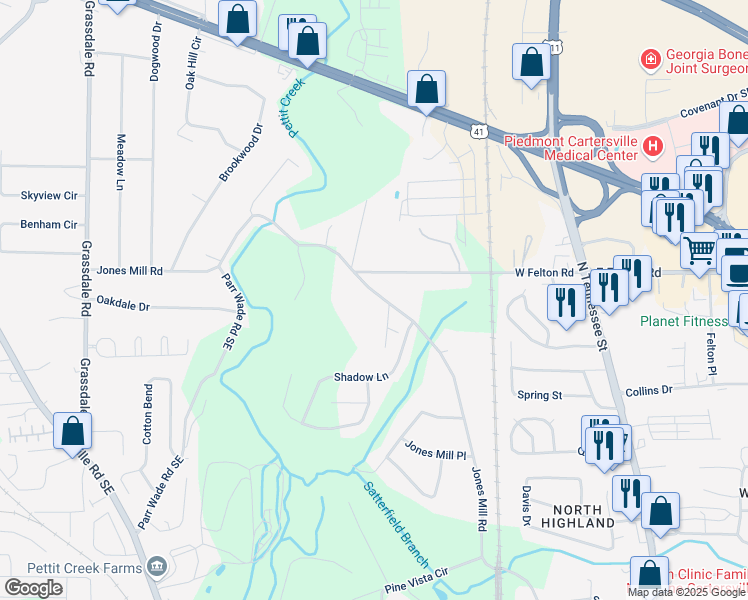 map of restaurants, bars, coffee shops, grocery stores, and more near 1018 Jones Mill Road in Cartersville