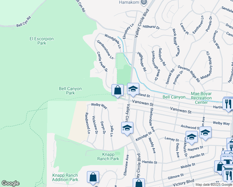 map of restaurants, bars, coffee shops, grocery stores, and more near 6831 Valley Circle Boulevard in Los Angeles