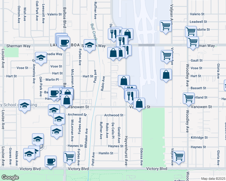 map of restaurants, bars, coffee shops, grocery stores, and more near 6904 De Celis Place in Los Angeles