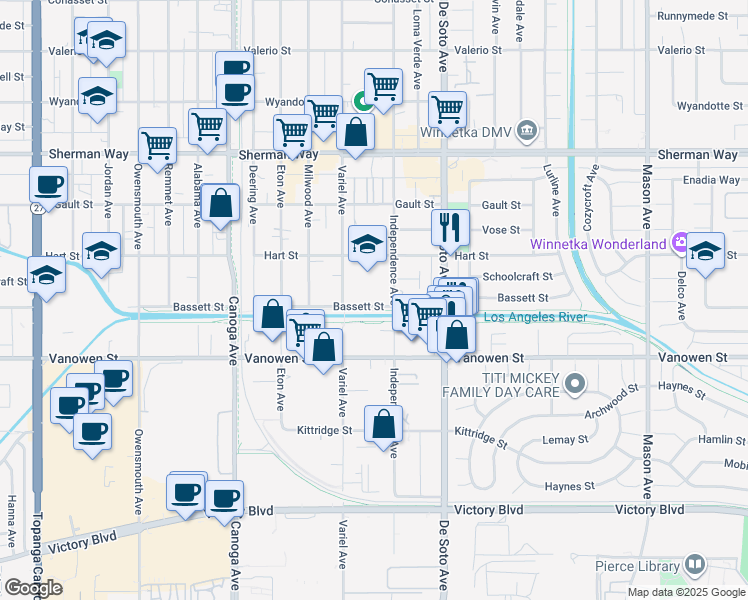 map of restaurants, bars, coffee shops, grocery stores, and more near 21023 Bassett Street in Los Angeles