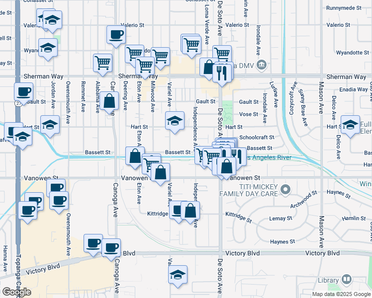 map of restaurants, bars, coffee shops, grocery stores, and more near 21023 Bassett Street in Los Angeles