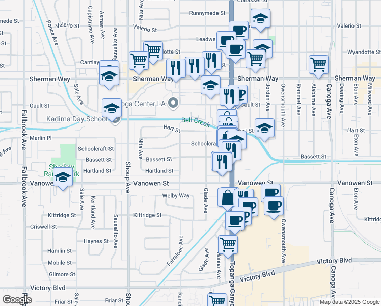 map of restaurants, bars, coffee shops, grocery stores, and more near 22139 Bassett Street in Los Angeles