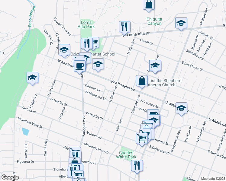 map of restaurants, bars, coffee shops, grocery stores, and more near 345 West Terrace Street in Altadena