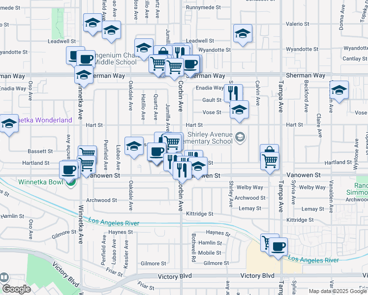 map of restaurants, bars, coffee shops, grocery stores, and more near 6902 Corbin Avenue in Los Angeles