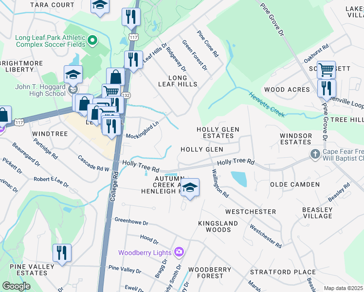 map of restaurants, bars, coffee shops, grocery stores, and more near 4816 Whitner Drive in Wilmington
