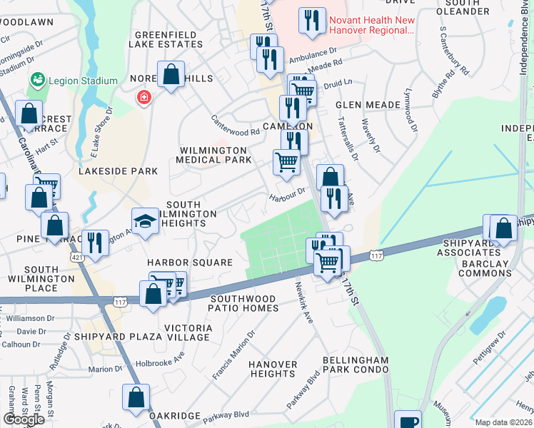 map of restaurants, bars, coffee shops, grocery stores, and more near 2599 Flint Drive in Wilmington