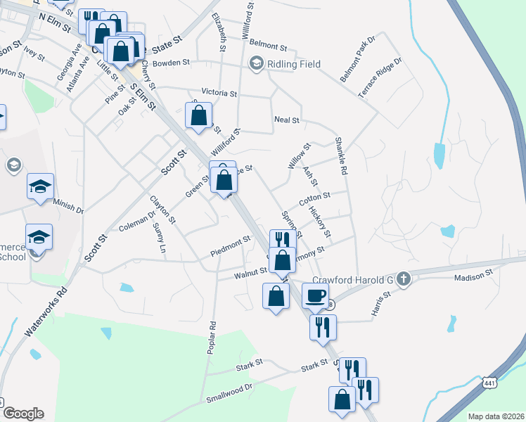 map of restaurants, bars, coffee shops, grocery stores, and more near 982 South Broad Street in Commerce