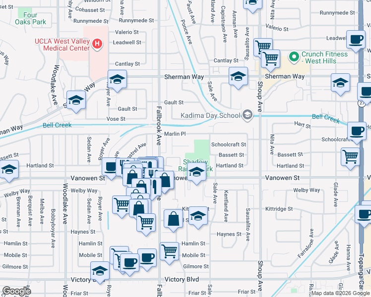 map of restaurants, bars, coffee shops, grocery stores, and more near 22726 Schoolcraft Street in Los Angeles