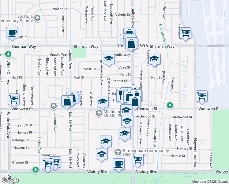 map of restaurants, bars, coffee shops, grocery stores, and more near 17007 Bassett Street in Los Angeles