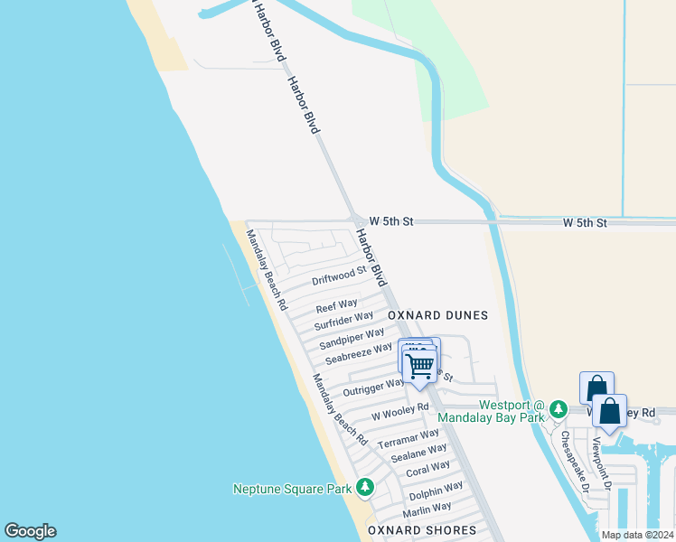 map of restaurants, bars, coffee shops, grocery stores, and more near 5315 Driftwood Street in Oxnard