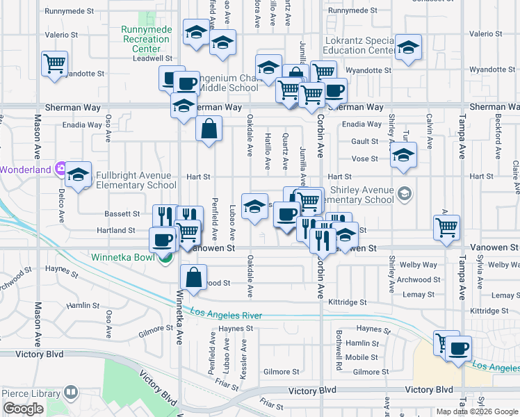 map of restaurants, bars, coffee shops, grocery stores, and more near 19844 Bassett Street in Los Angeles