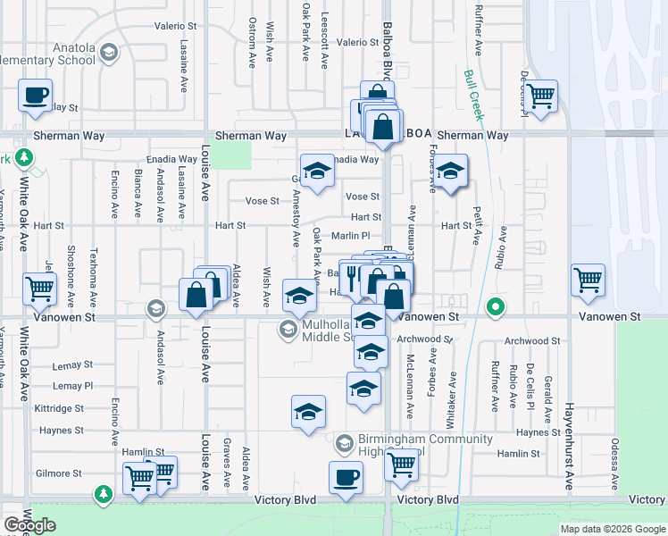 map of restaurants, bars, coffee shops, grocery stores, and more near 17007 Bassett Street in Los Angeles