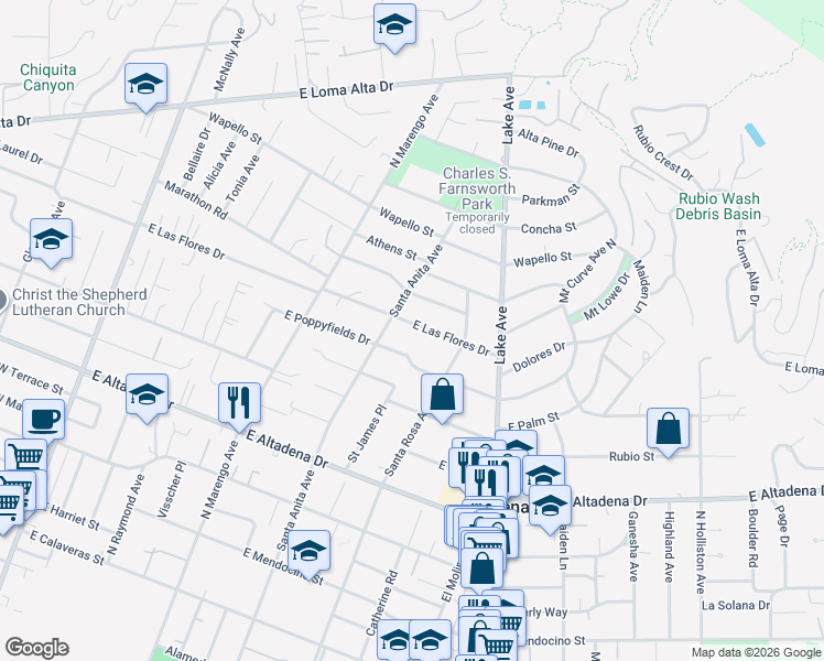 map of restaurants, bars, coffee shops, grocery stores, and more near 556 East Las Flores Drive in Altadena
