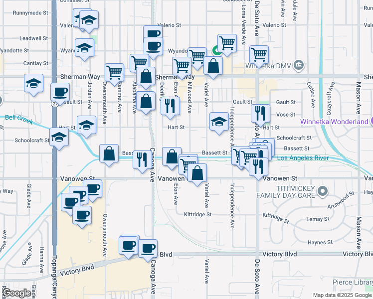 map of restaurants, bars, coffee shops, grocery stores, and more near 6911 Milwood Avenue in Los Angeles