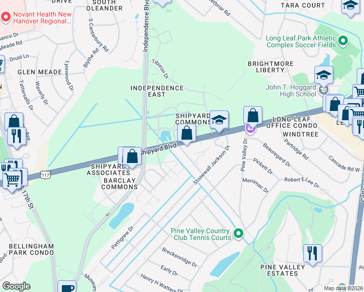 map of restaurants, bars, coffee shops, grocery stores, and more near 115 Longstreet Drive in Wilmington