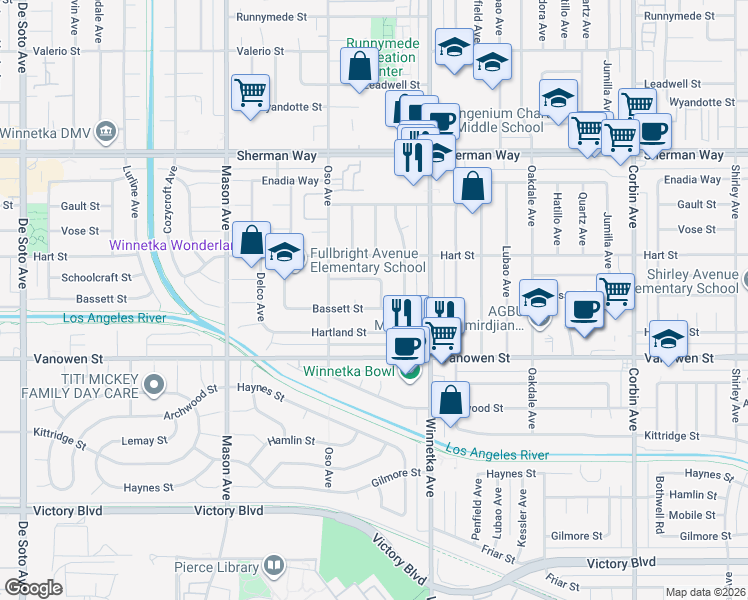 map of restaurants, bars, coffee shops, grocery stores, and more near 6907 Laramie Avenue in Los Angeles