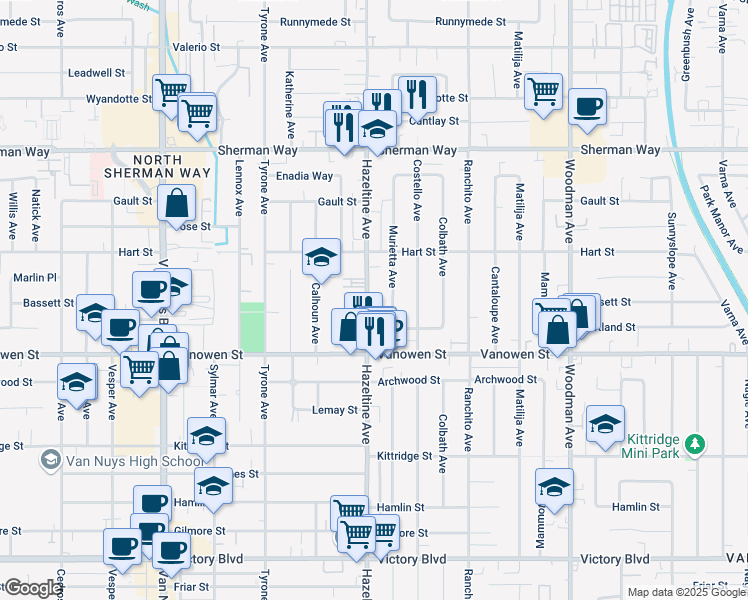 map of restaurants, bars, coffee shops, grocery stores, and more near 6853 Hazeltine Avenue in Los Angeles