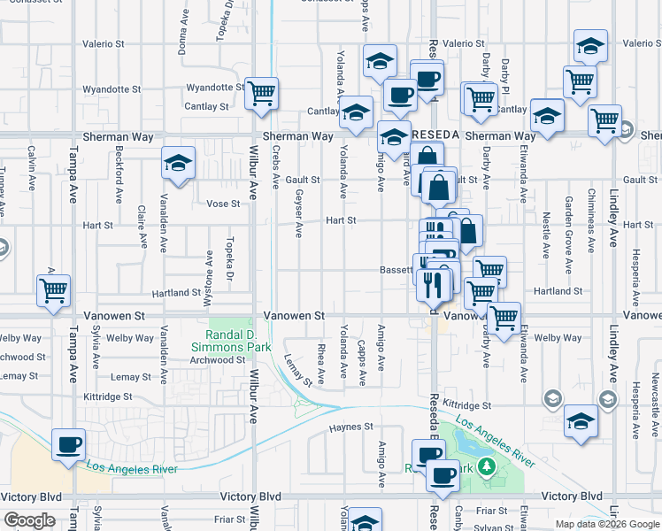 map of restaurants, bars, coffee shops, grocery stores, and more near 18719 Bassett Street in Los Angeles