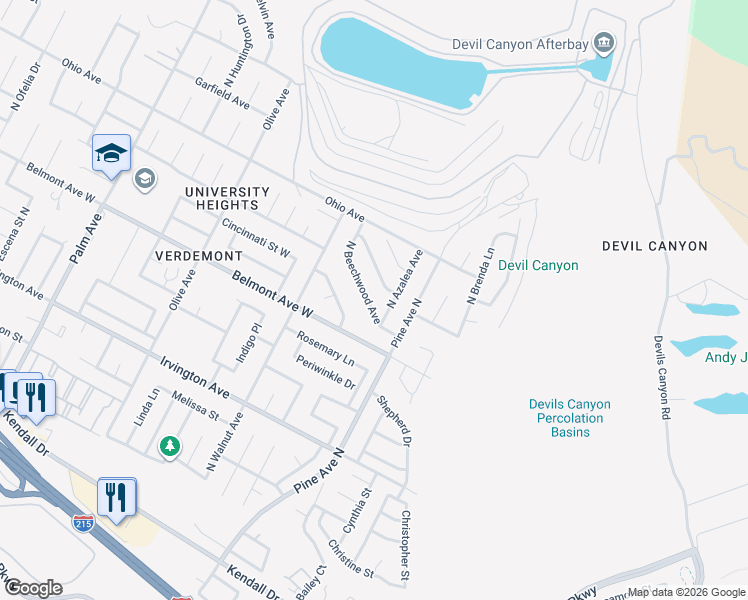 map of restaurants, bars, coffee shops, grocery stores, and more near 6313 North Beechwood Avenue in San Bernardino