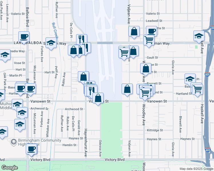 map of restaurants, bars, coffee shops, grocery stores, and more near 16425 Vanowen Street in Los Angeles