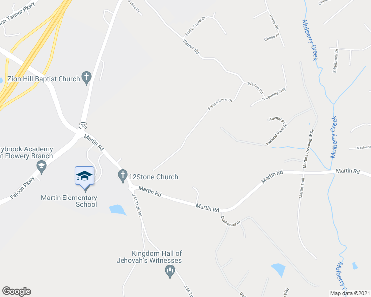 map of restaurants, bars, coffee shops, grocery stores, and more near 4311 Falcon Crest Drive in Flowery Branch