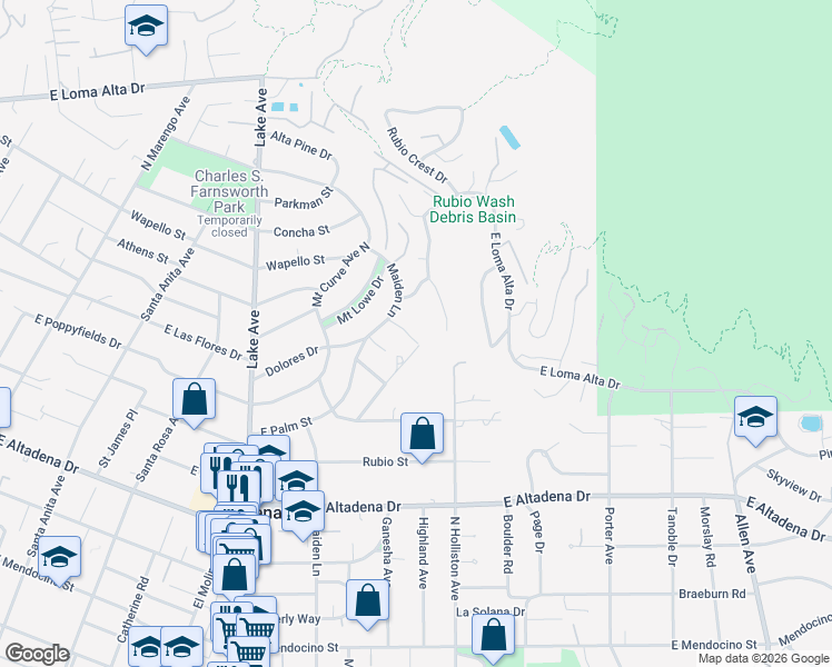 map of restaurants, bars, coffee shops, grocery stores, and more near 1241 Sagemont Place in Altadena