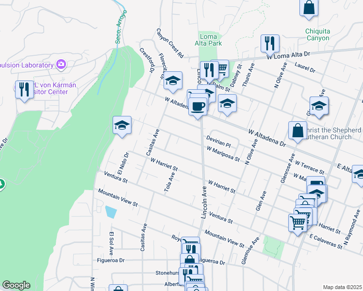 map of restaurants, bars, coffee shops, grocery stores, and more near 622 West Mariposa Street in Altadena