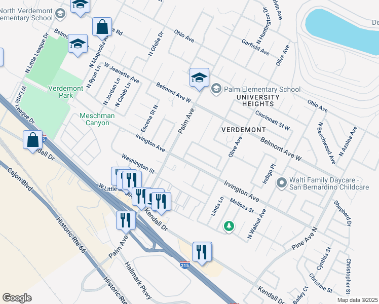 map of restaurants, bars, coffee shops, grocery stores, and more near 3022 Muir Mountain Way in San Bernardino