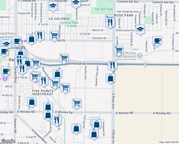 map of restaurants, bars, coffee shops, grocery stores, and more near 616 Pacific Avenue in Oxnard