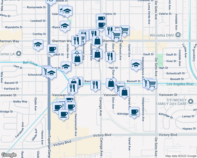 map of restaurants, bars, coffee shops, grocery stores, and more near 6909 Canoga Avenue in Los Angeles