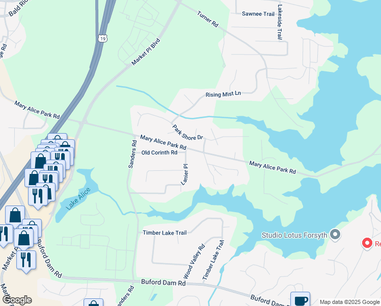 map of restaurants, bars, coffee shops, grocery stores, and more near 1095 Lanier Place in Cumming