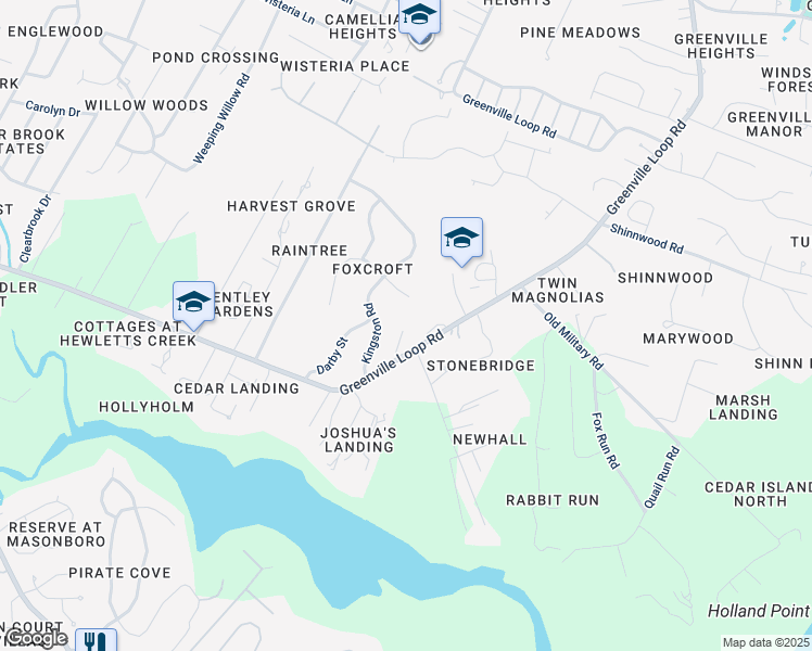 map of restaurants, bars, coffee shops, grocery stores, and more near 2500 Tonbo Trail in Wilmington