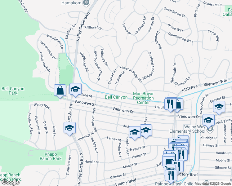 map of restaurants, bars, coffee shops, grocery stores, and more near 24118 Highlander Road in Los Angeles