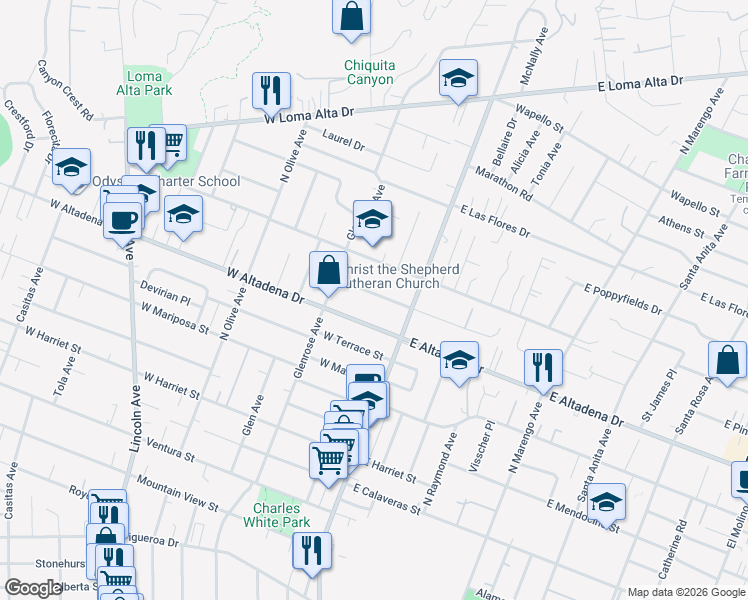 map of restaurants, bars, coffee shops, grocery stores, and more near 76 West Pine Street in Altadena