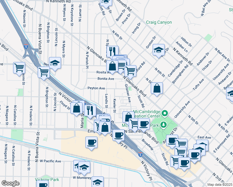 map of restaurants, bars, coffee shops, grocery stores, and more near 1900 Keeler Street in Burbank
