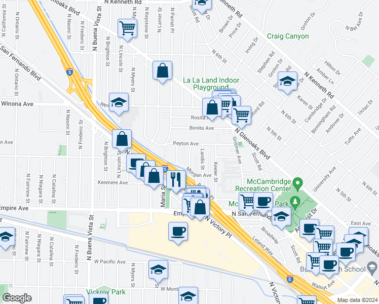 map of restaurants, bars, coffee shops, grocery stores, and more near 1904 Church Street in Burbank
