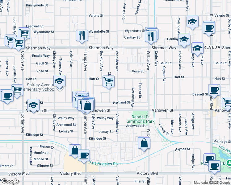 map of restaurants, bars, coffee shops, grocery stores, and more near 6901 Vanalden Avenue in Los Angeles
