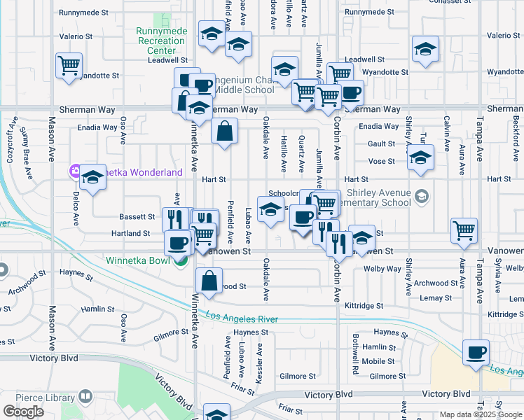 map of restaurants, bars, coffee shops, grocery stores, and more near 6858 Lubao Avenue in Los Angeles