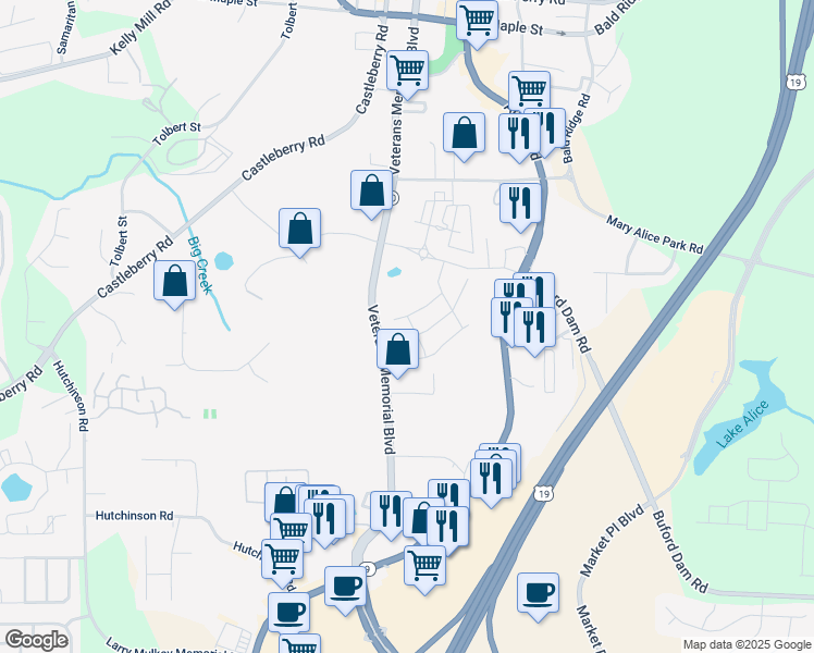 map of restaurants, bars, coffee shops, grocery stores, and more near 157 Basil Street in Cumming
