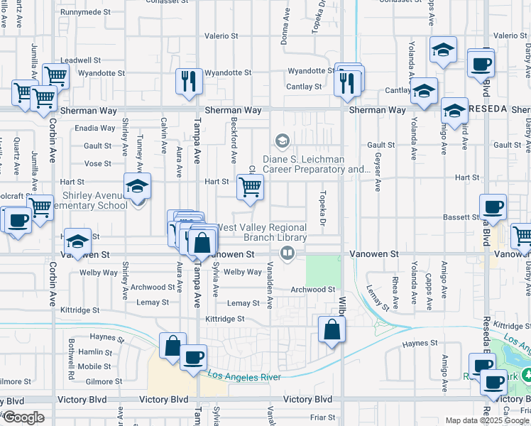 map of restaurants, bars, coffee shops, grocery stores, and more near 6901 Vanalden Avenue in Los Angeles