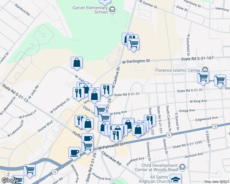 map of restaurants, bars, coffee shops, grocery stores, and more near 1831 West Evans Street in Florence