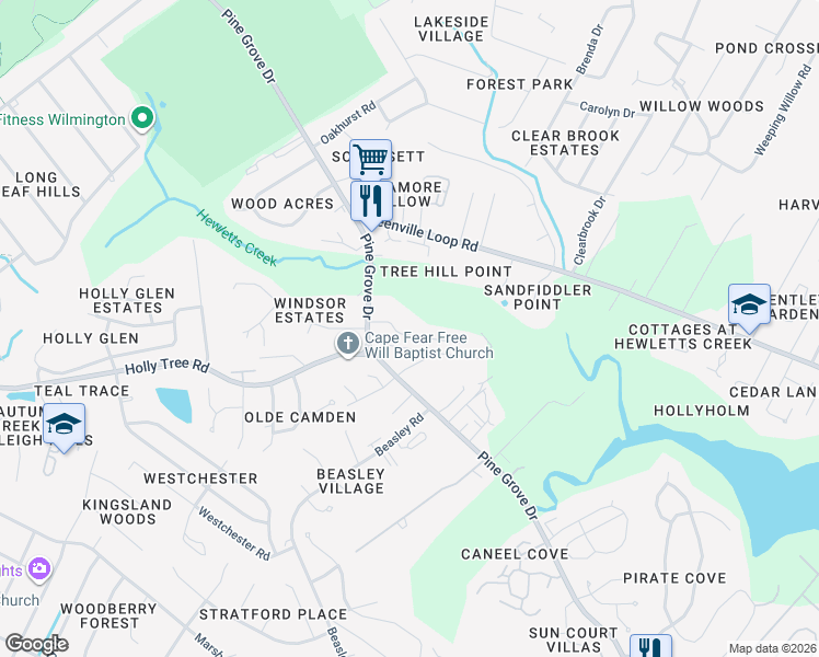 map of restaurants, bars, coffee shops, grocery stores, and more near 203 Crooked Creek Road in Wilmington