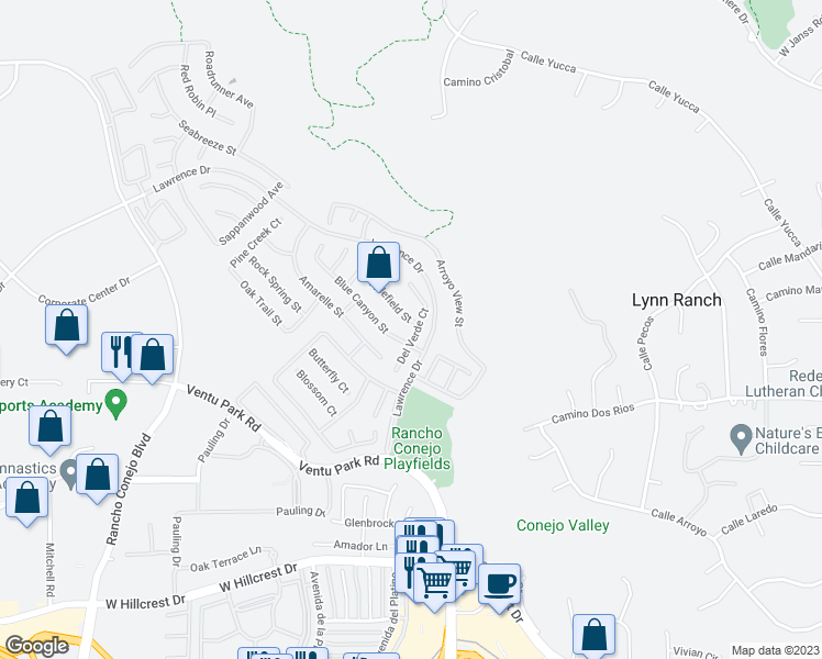 map of restaurants, bars, coffee shops, grocery stores, and more near 1504 Applefield Street in Thousand Oaks