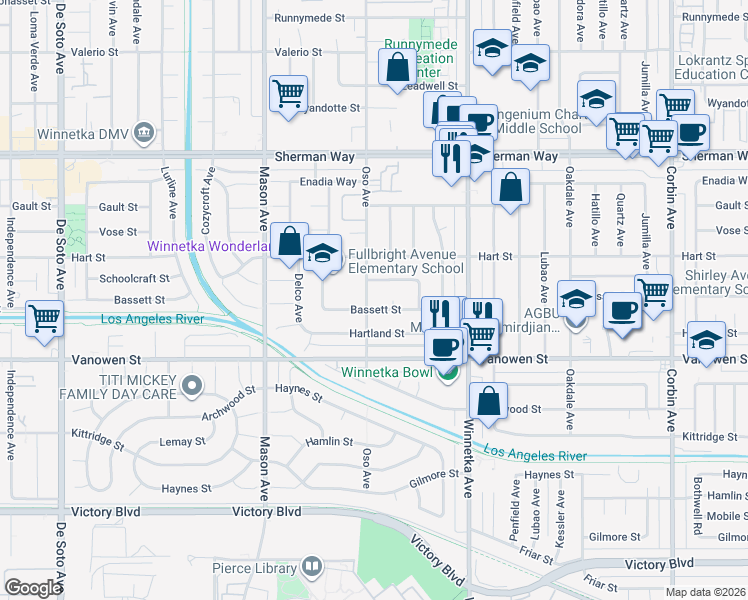 map of restaurants, bars, coffee shops, grocery stores, and more near 20248 Bassett Street in Los Angeles