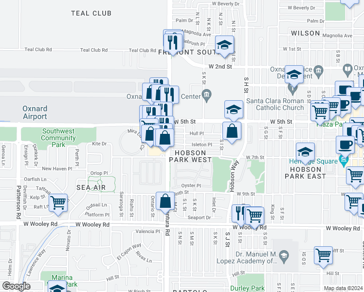 map of restaurants, bars, coffee shops, grocery stores, and more near 1300 Isleton Place in Oxnard