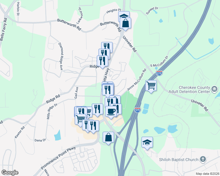map of restaurants, bars, coffee shops, grocery stores, and more near 3745 Marietta Highway in Canton