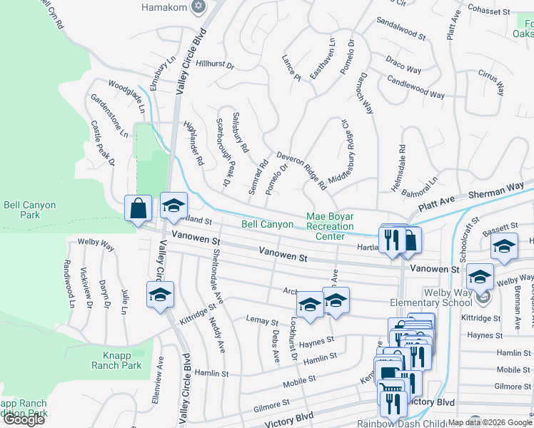 map of restaurants, bars, coffee shops, grocery stores, and more near 24118 Highlander Road in Los Angeles